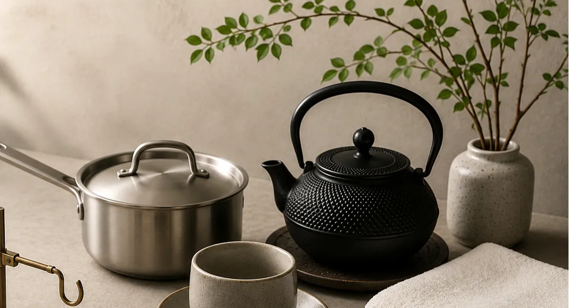 Editorial still life of cookware, ceramics, textiles, and greenery representing Japanese everyday design.